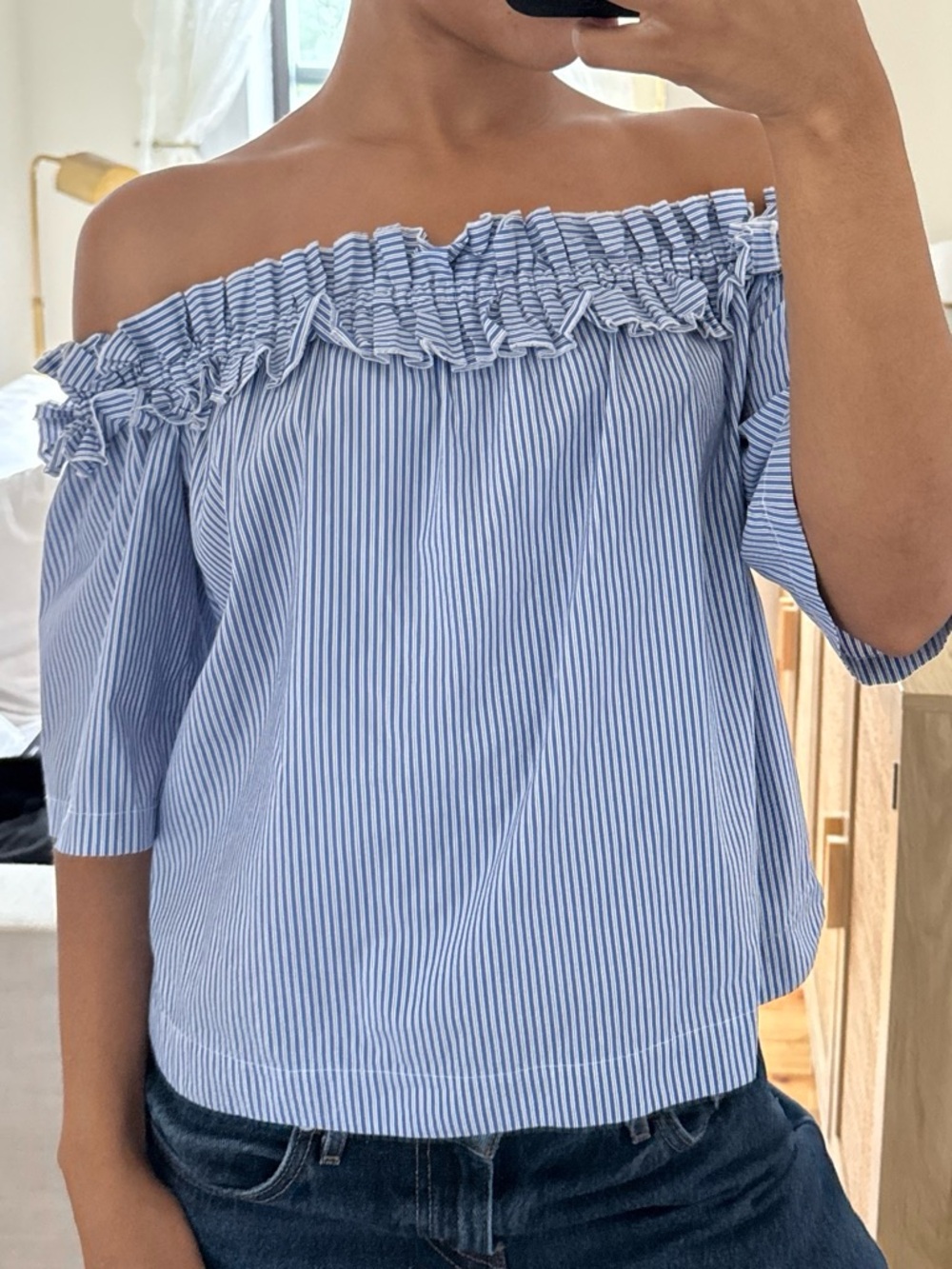 Vineyard Vines Blue and White Striped Off-Shoulder Ruffle Top